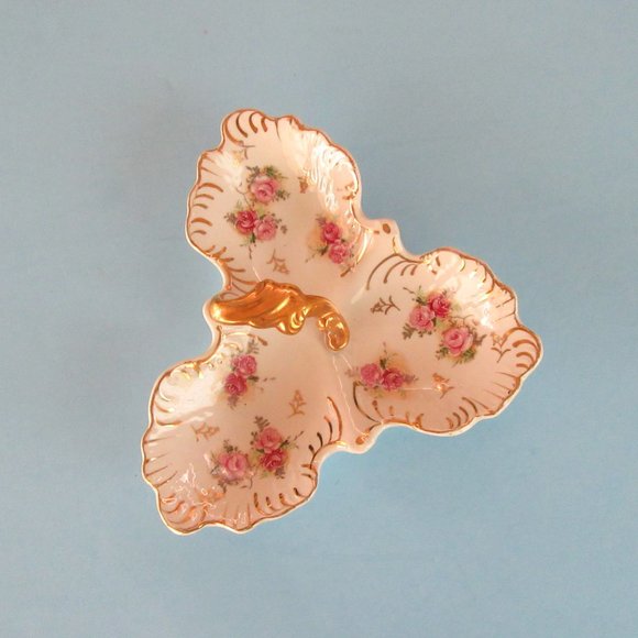 White porcelain gold trimmed 3 section candy or bon bon dish -lavender roses - Picture 10 of 10